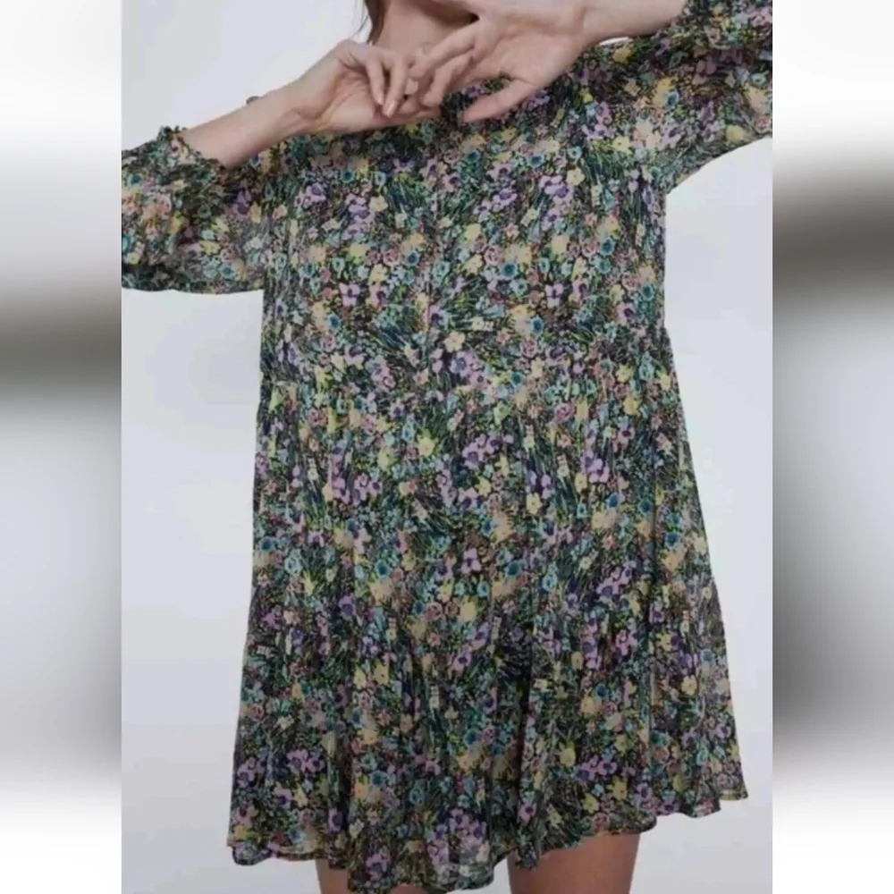 ZARA Black Flora Print long Sleeve Baby Doll Mini Dress Size Small Cottagecore - Picture 2 of 13